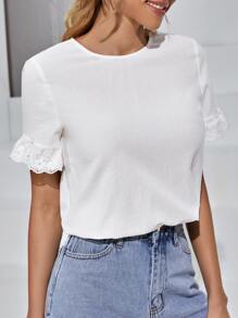 SHEIN Privé Eyelet Embroidery Detail Flounce Sleeve Top - White - View 4