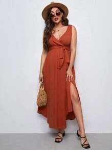 SHEIN Maternity Solid Split Thigh Belted Dress - Burnt Orange - View 1