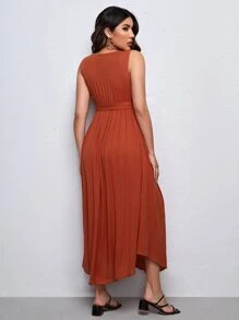SHEIN Maternity Solid Split Thigh Belted Dress - Burnt Orange - View 2