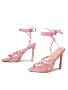 Tie Leg Design Stiletto Heeled Strappy Sandals - Pink - View 2