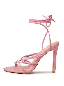 Tie Leg Design Stiletto Heeled Strappy Sandals - Pink - View 3
