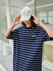 Mulvari Vestido estilo camiseta con letra & ojos con bordado de rayas - Azul Marino - Ver 3