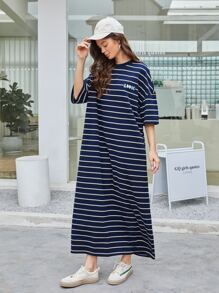 Mulvari Vestido estilo camiseta con letra & ojos con bordado de rayas - Azul Marino - Ver 6