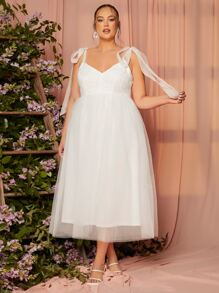 SHEIN Belle Áo cưới Plus Thắt nút phân lớp Dây kéo màu trơn Hấp dẫn - trắng - Xem 1