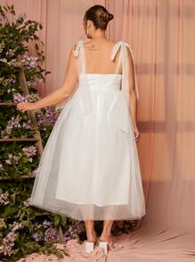 SHEIN Belle Áo cưới Plus Thắt nút phân lớp Dây kéo màu trơn Hấp dẫn - trắng - Xem 2