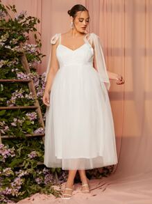 SHEIN Belle Áo cưới Plus Thắt nút phân lớp Dây kéo màu trơn Hấp dẫn - trắng - Xem 3