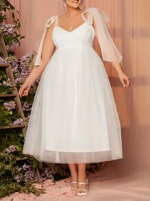 SHEIN Belle Áo cưới Plus Thắt nút phân lớp Dây kéo màu trơn Hấp dẫn - trắng - Xem 4