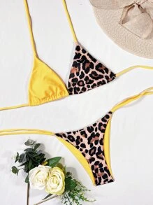拼接豹纹比基尼套装吊带三角文胸和丁字裤两件套泳衣夏季 - 黃色 - 查看 3
