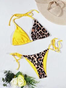 拼接豹纹比基尼套装吊带三角文胸和丁字裤两件套泳衣夏季 - 黃色 - 查看 6