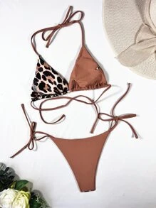 SHEIN Swim 夏季海灘豹紋頸項三角胸罩與游泳下著比基尼泳裝 - 紅木色 - 查看 3