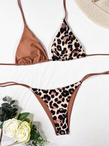 SHEIN Swim 夏季海灘豹紋頸項三角胸罩與游泳下著比基尼泳裝 - 紅木色 - 查看 5