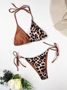 SHEIN Swim 夏季海灘豹紋頸項三角胸罩與游泳下著比基尼泳裝 - 紅木色 - 查看 4