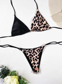 Swim SXY 2 piezas Conjunto de bikini sexy con atar al cuello y estampado de leopardo para mujeres, para el verano - Negro - Ver 6