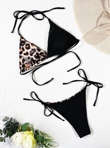 Swim SXY 2 piezas Conjunto de bikini sexy con atar al cuello y estampado de leopardo para mujeres, para el verano - Negro - Ver 7
