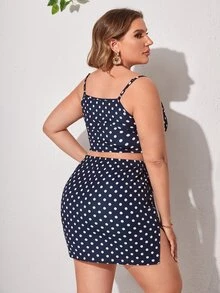 大碼波卡圓點吊帶短上衣和下擺開叉半身裙 - 藏蓝色 - 查看 2