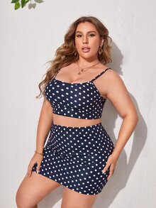 大碼波卡圓點吊帶短上衣和下擺開叉半身裙 - 藏蓝色 - 查看 5