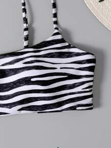 Top de bikini con estampado de rayas de cebra de verano - Blanco y Negro - Ver 3