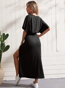 SHEIN Essnce Batwing Sleeve Solid Top & Split Thigh Skirt Set - Black - View 2