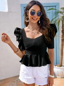 SHEIN Zipper Back Puff Sleeve Peplum Top - Black - View 1