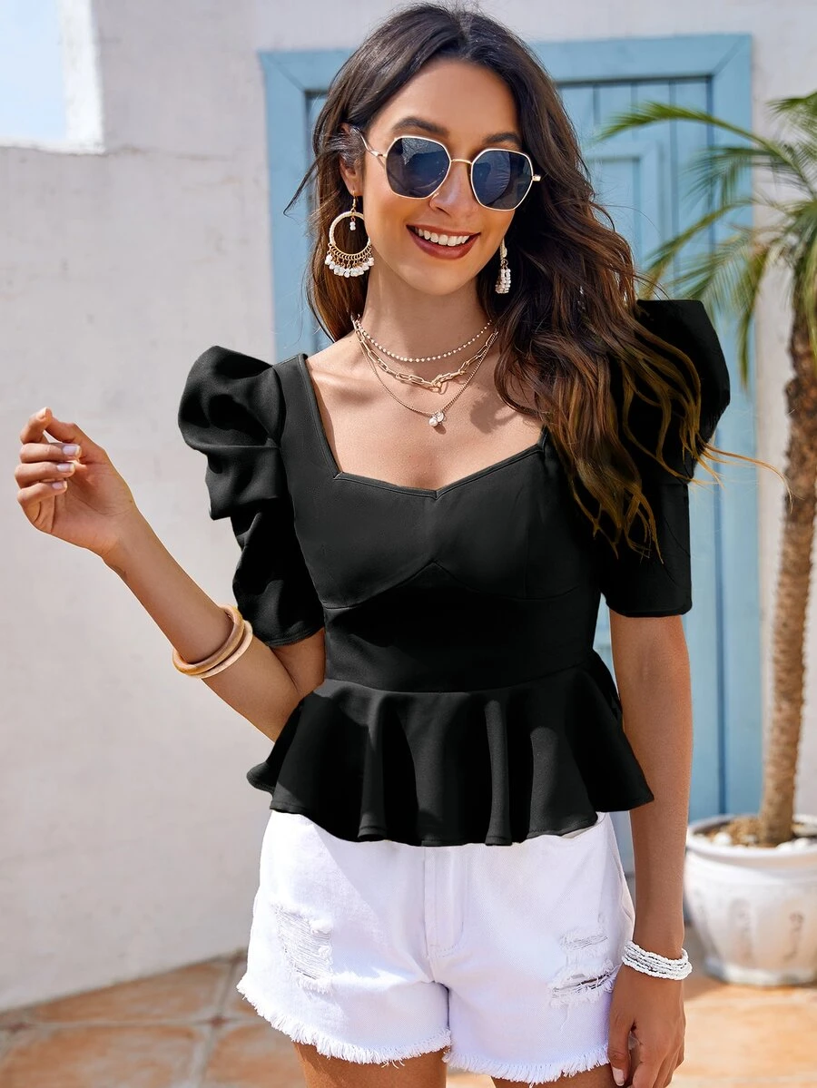 SHEIN Zipper Back Puff Sleeve Peplum Top - Black - View 1