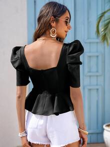 SHEIN Zipper Back Puff Sleeve Peplum Top - Black - View 2