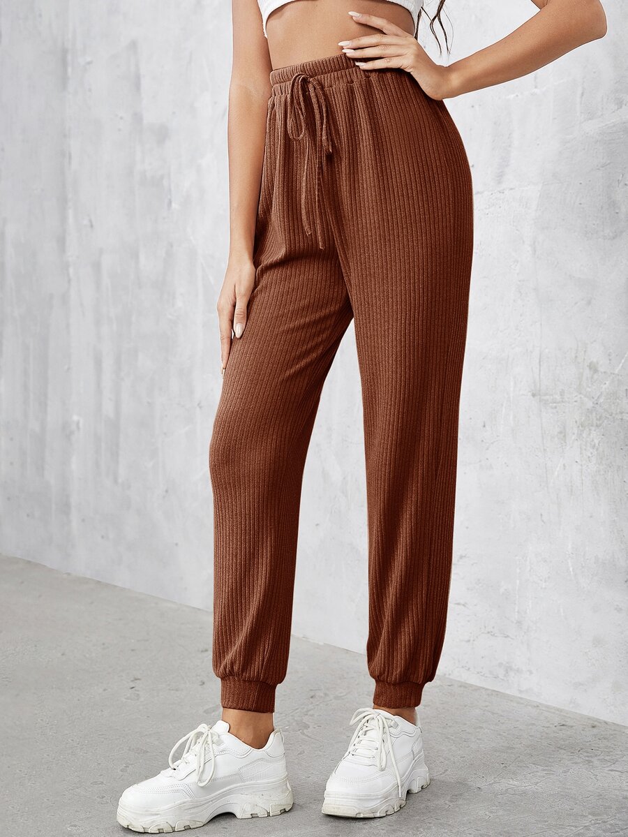 SHEIN Solid Drawstring Waist Sweatpants - Brown - View 1