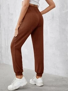 SHEIN Solid Drawstring Waist Sweatpants - Brown - View 2