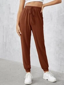 SHEIN Solid Drawstring Waist Sweatpants - Brown - View 3