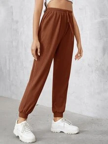 SHEIN Solid Drawstring Waist Sweatpants - Brown - View 4