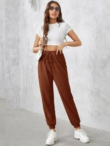 SHEIN Solid Drawstring Waist Sweatpants - Brown - View 5