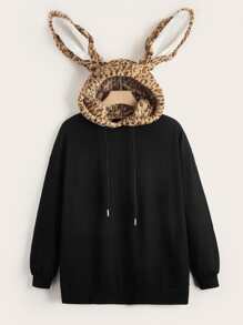 SHEIN 3D Ear Design Drawstring Hoodie - Black - View 1