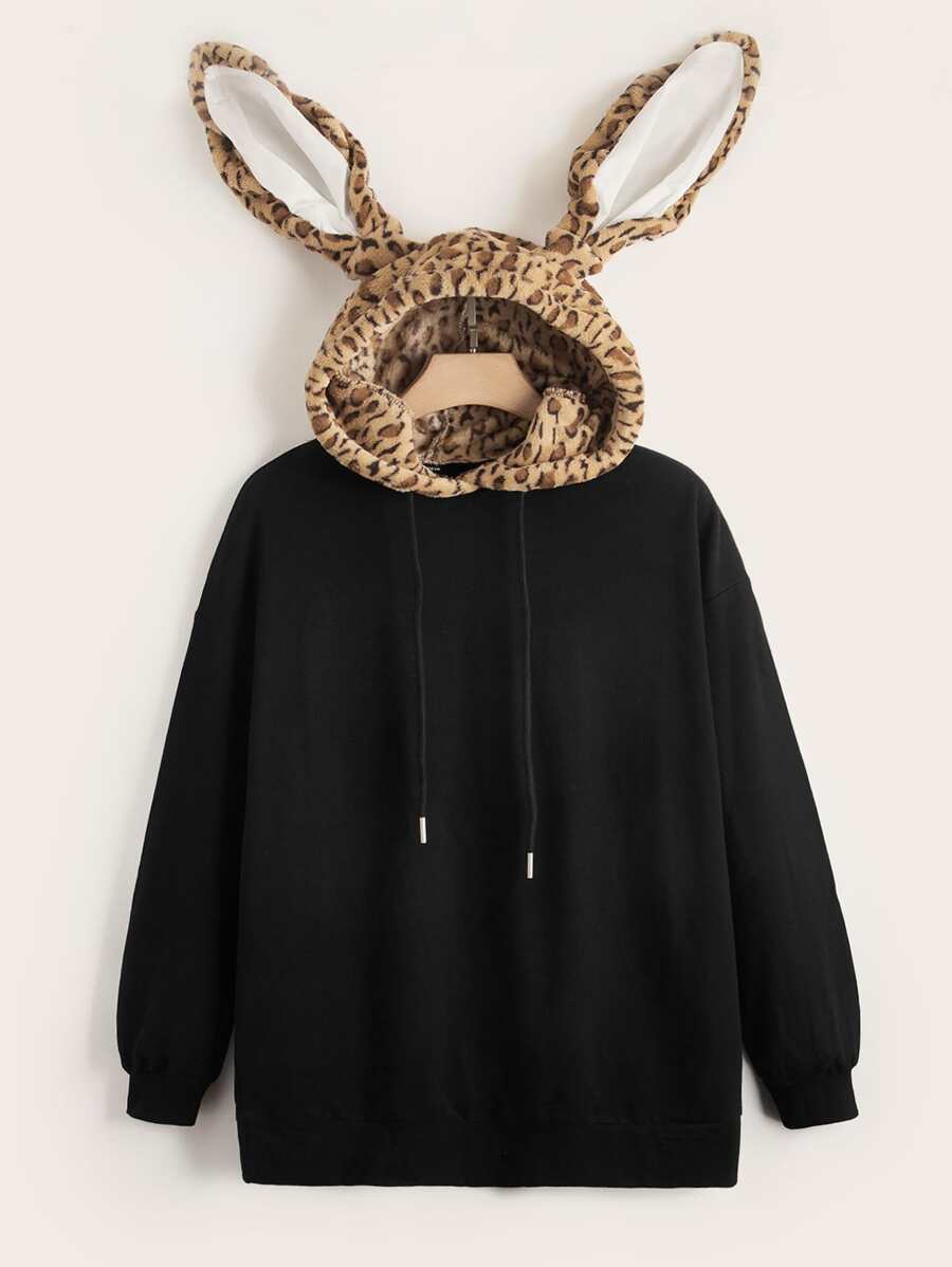 SHEIN 3D Ear Design Drawstring Hoodie - Black - View 1