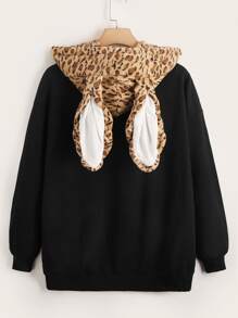 SHEIN 3D Ear Design Drawstring Hoodie - Black - View 2