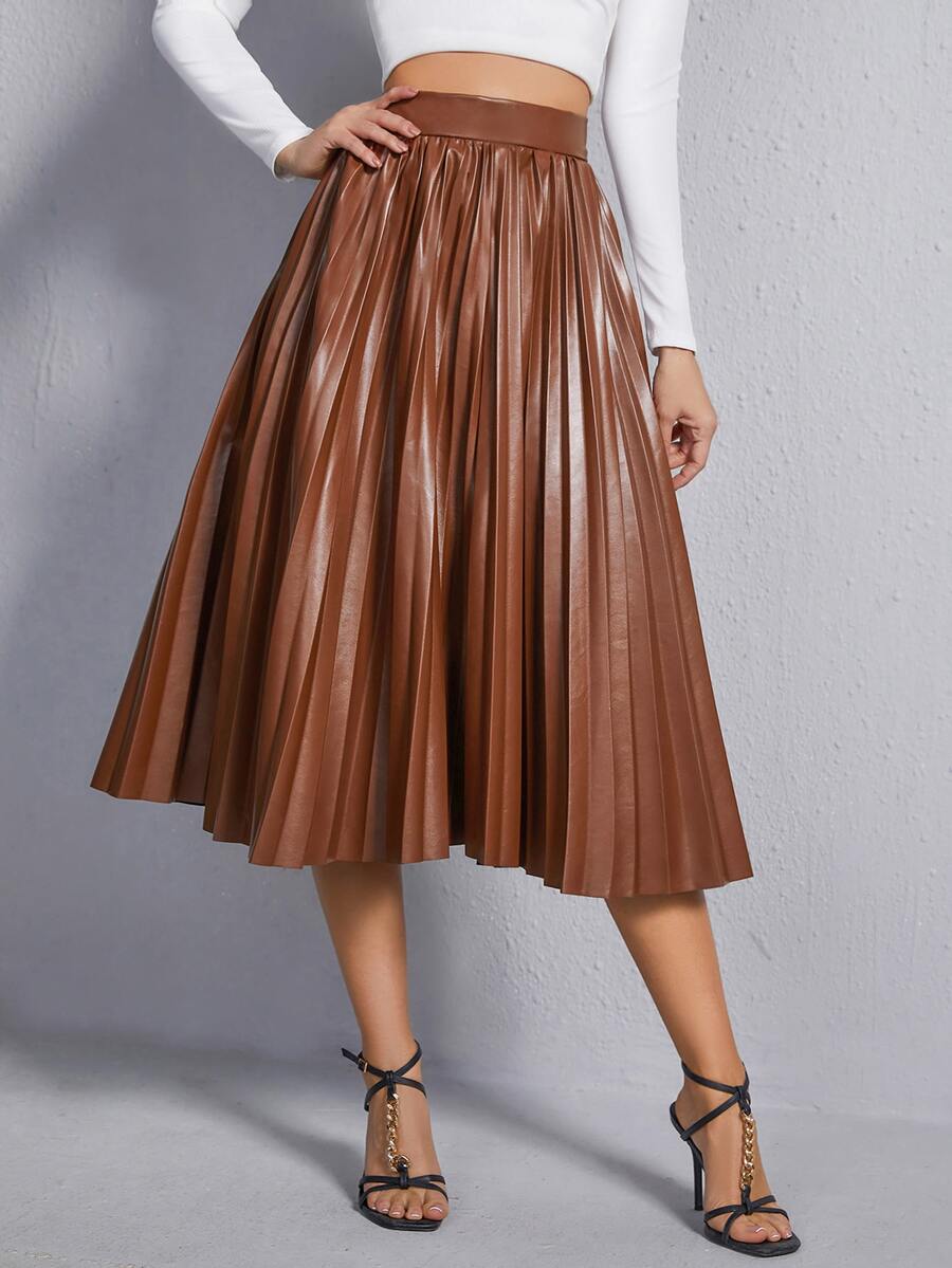 SHEIN 高腰PU皮革百褶半身裙 - 棕色 - 查看 1
