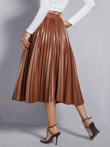 SHEIN 高腰PU皮革百褶半身裙 - 棕色 - 查看 2