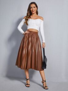 SHEIN 高腰PU皮革百褶半身裙 - 棕色 - 查看 3