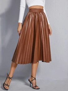 SHEIN 高腰PU皮革百褶半身裙 - 棕色 - 查看 4