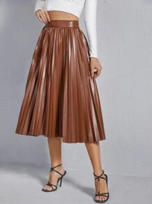 SHEIN 高腰PU皮革百褶半身裙 - 棕色 - 查看 5
