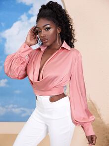 SHEIN SXY 深V領燈籠袖上衣 - 淺粉色 - 查看 3