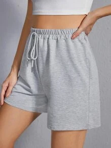 SHEIN EZwear Drawstring Waist Track Shorts - Light Grey - View 3