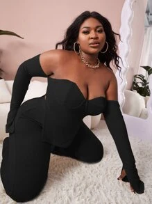 SHEIN SXY 大碼條紋針織下擺開叉露肩上衣和褲子 - 黑色 - 查看 1