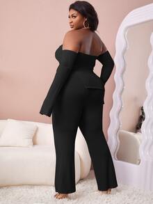 SHEIN SXY 大碼條紋針織下擺開叉露肩上衣和褲子 - 黑色 - 查看 2