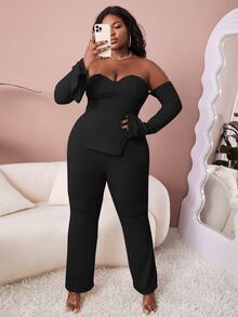 SHEIN SXY 大碼條紋針織下擺開叉露肩上衣和褲子 - 黑色 - 查看 5