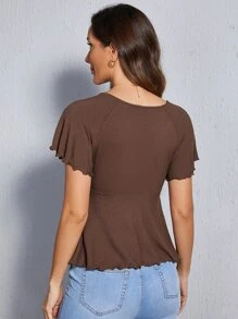 SHEIN Privé Plunge Neck Rib-knit Peplum Top - Coffee Brown - View 3