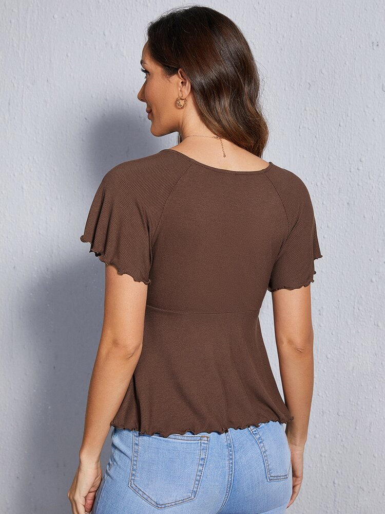 Plunging Neck Rib-knit Peplum Top