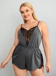 Mono de tirantes con encaje en contraste de dormir - Gris Oscuro - Ver 3