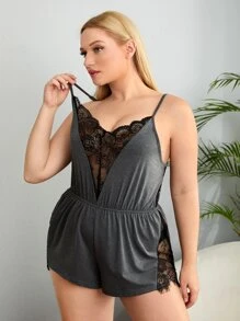 Mono de tirantes con encaje en contraste de dormir - Gris Oscuro - Ver 4
