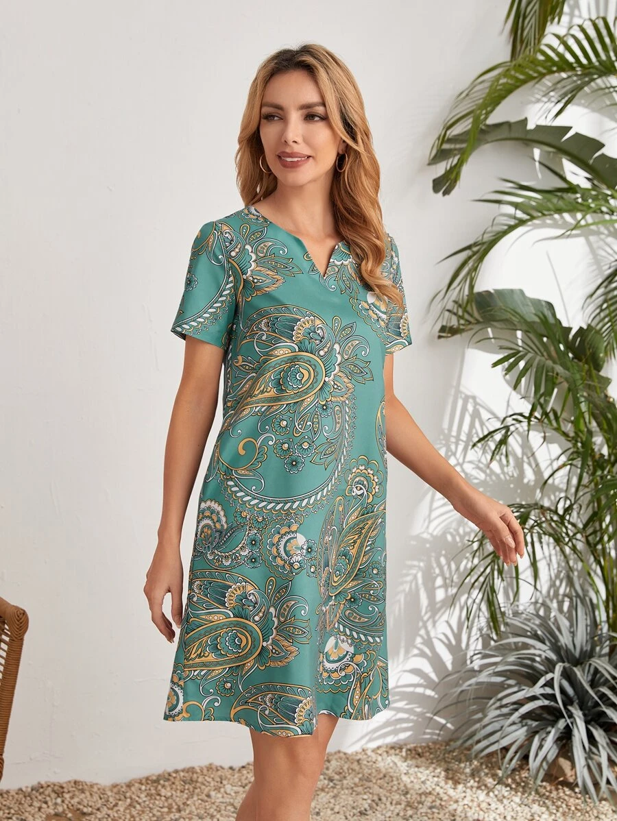 EMERY ROSE Vestido túnico de cuello de muesca con estampado de paisley - verde menta - Ver 1