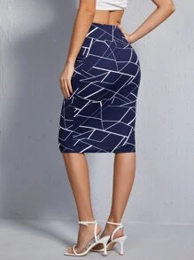 SHEIN Clasi 满版几何印花铅笔裙 - 藏蓝色 - 查看 2