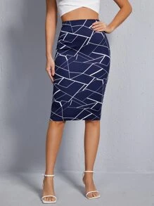 SHEIN Clasi 满版几何印花铅笔裙 - 藏蓝色 - 查看 4